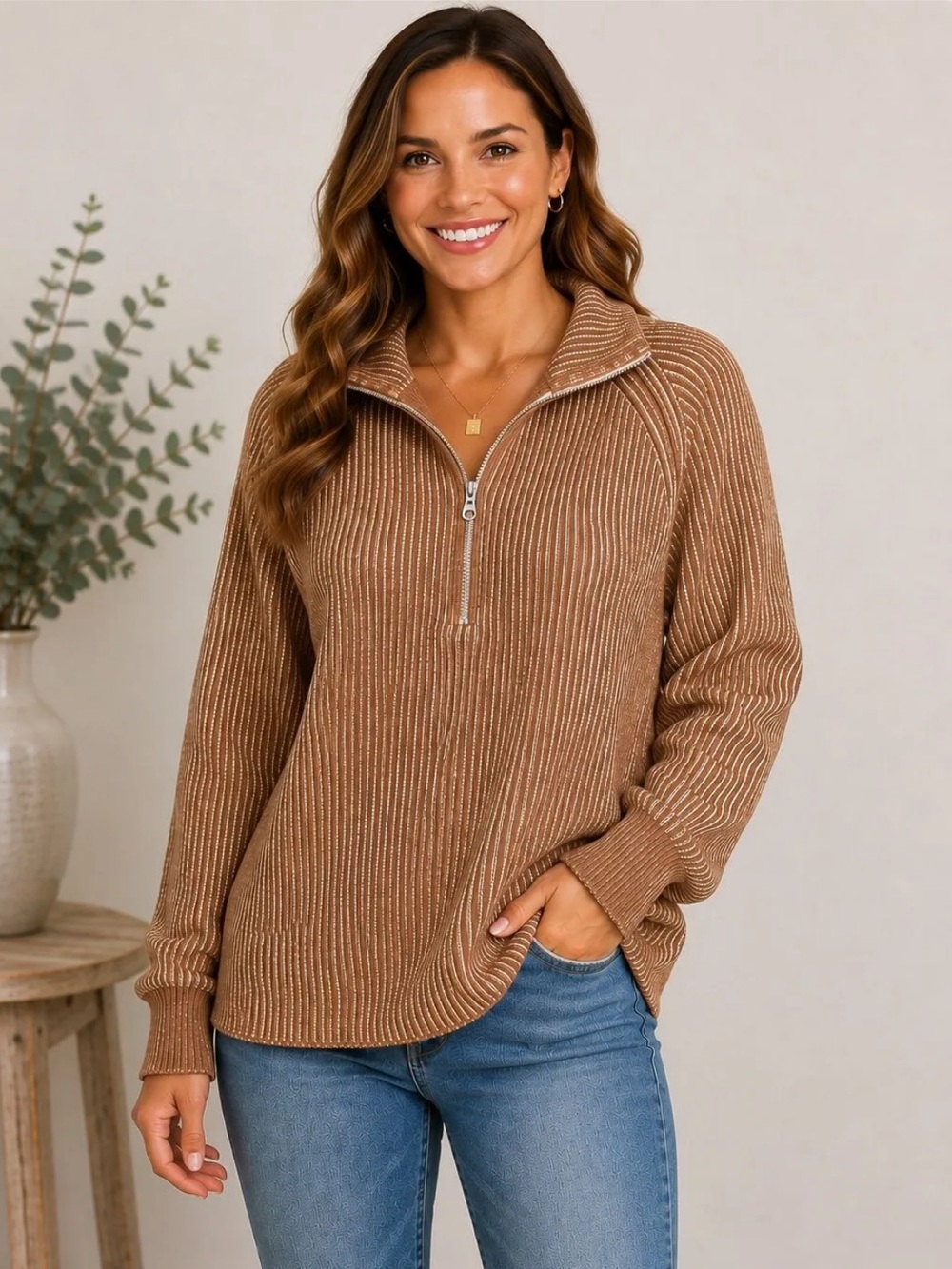 Zenana- Cozy Ribbed Half-Zip Sweater - Deep Camel